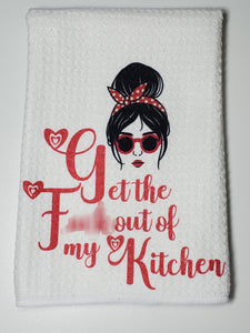 16" x 16" tea towel. Messy girl bun graphic with Get the F$#& out of my kitchen text. Available in teal or pink